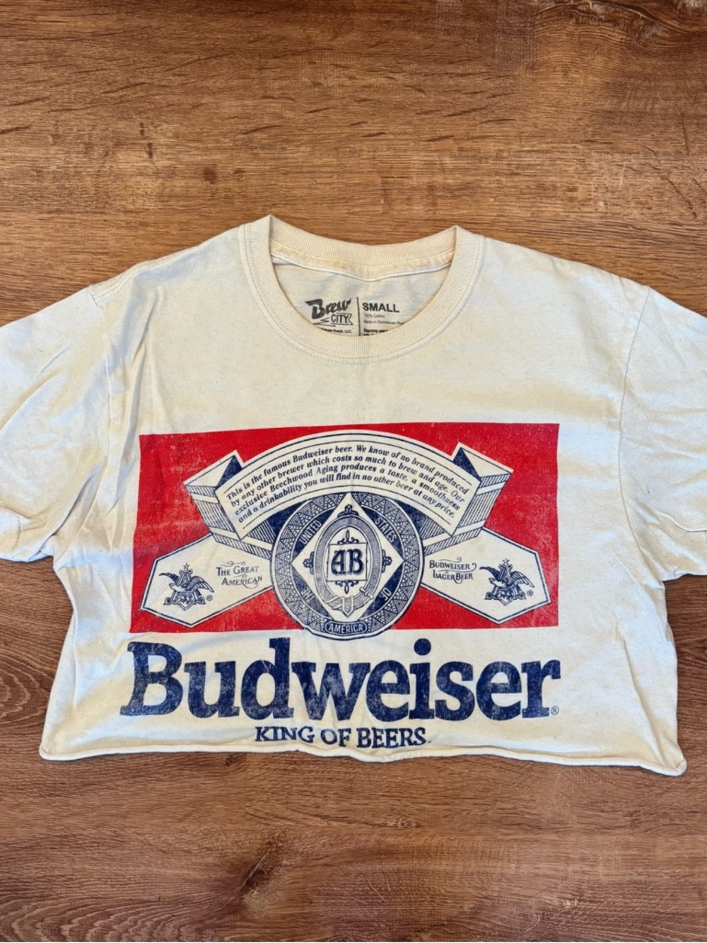 Budweiser Cropped Graphic Tee in Off-White with Red & Navy Logo
